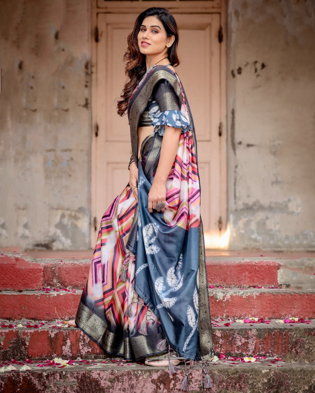Multicolour Geometric Print Tussar Silk Saree with Charcoal Grey Zari Border, Shibori Pallu & Tassels