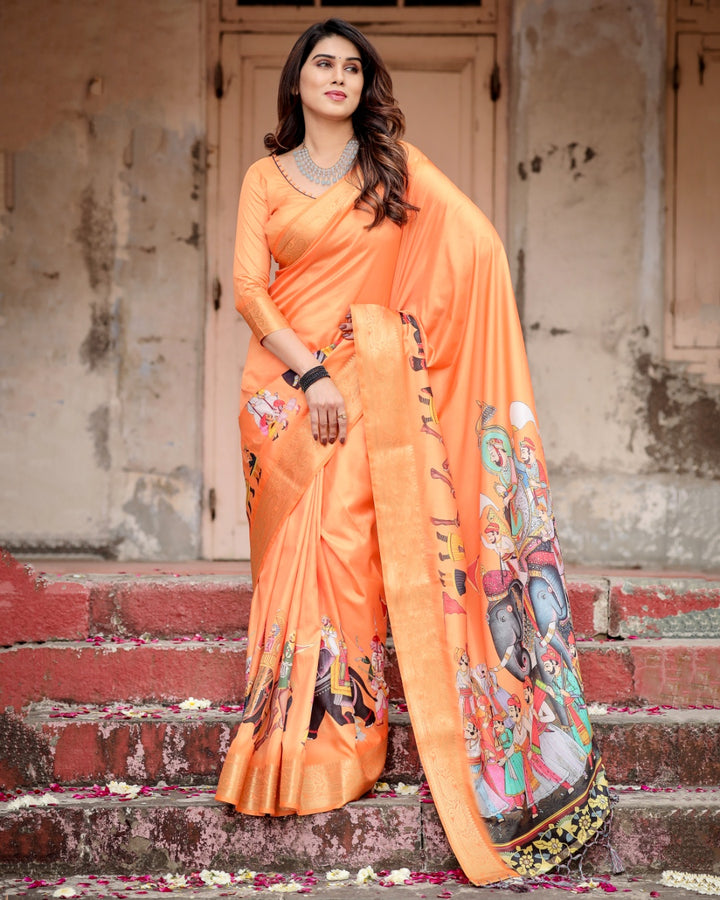 Vibrant Orange Tussar Silk Saree with Rajasthani Royal Procession Print, Zari Border & Tassels