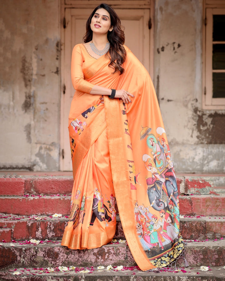 Vibrant Orange Tussar Silk Saree with Rajasthani Royal Procession Print, Zari Border & Tassels