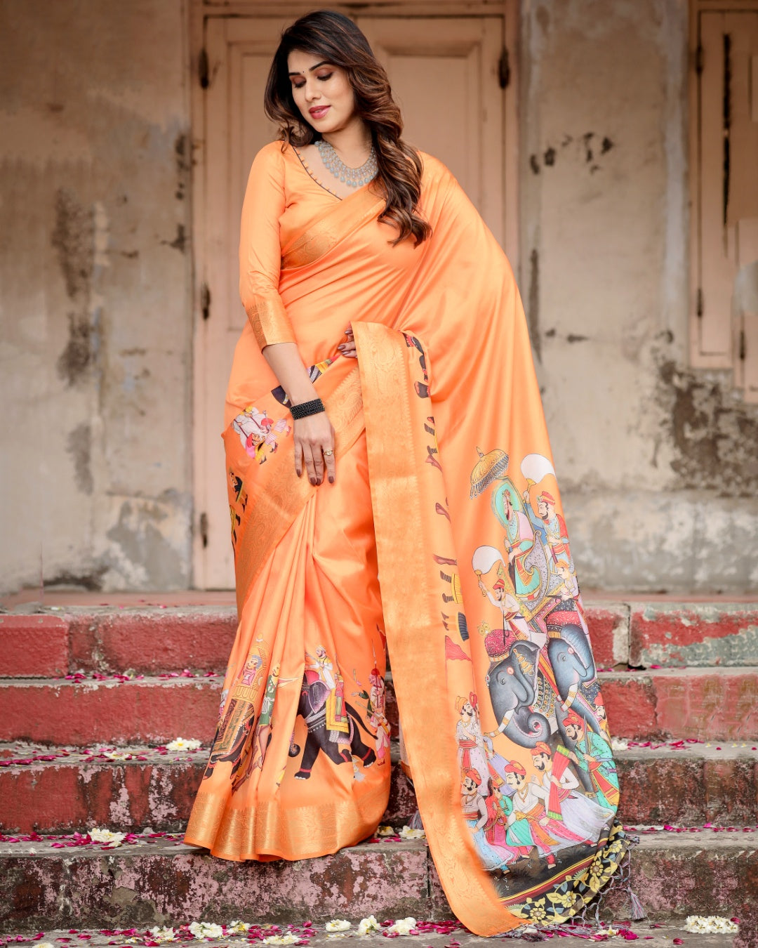 Vibrant Orange Tussar Silk Saree with Rajasthani Royal Procession Print, Zari Border & Tassels