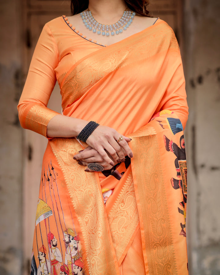 Vibrant Orange Tussar Silk Saree with Rajasthani Royal Procession Print, Zari Border & Tassels