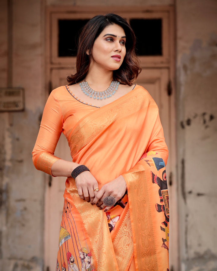 Vibrant Orange Tussar Silk Saree with Rajasthani Royal Procession Print, Zari Border & Tassels