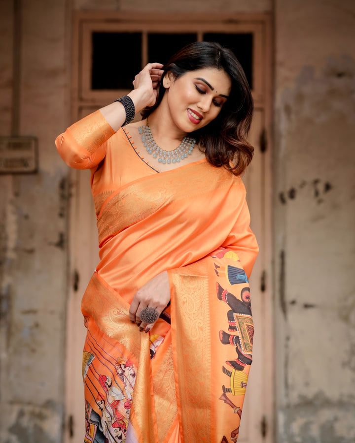 Vibrant Orange Tussar Silk Saree with Rajasthani Royal Procession Print, Zari Border & Tassels