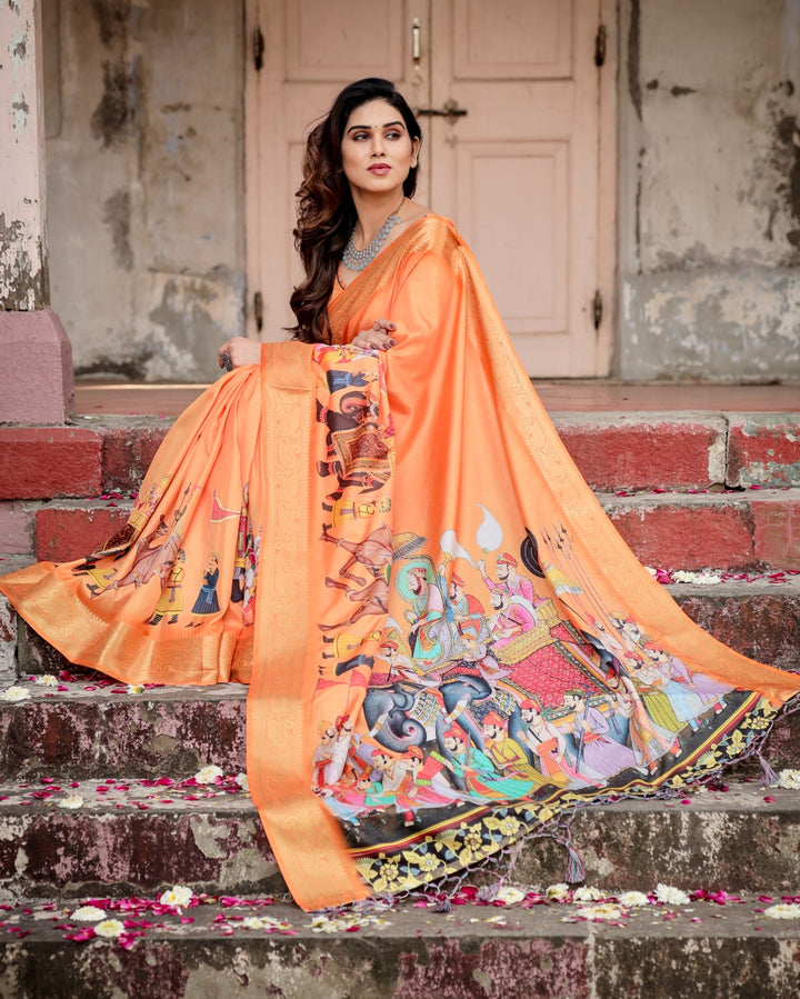 Vibrant Orange Tussar Silk Saree with Rajasthani Royal Procession Print, Zari Border & Tassels
