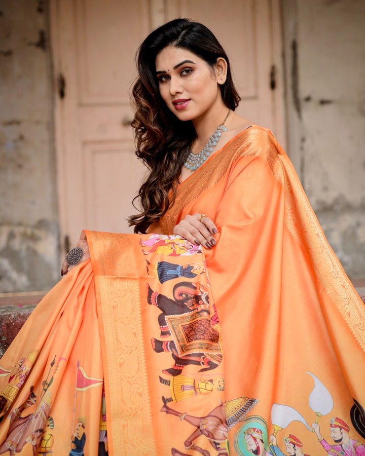 Vibrant Orange Tussar Silk Saree with Rajasthani Royal Procession Print, Zari Border & Tassels