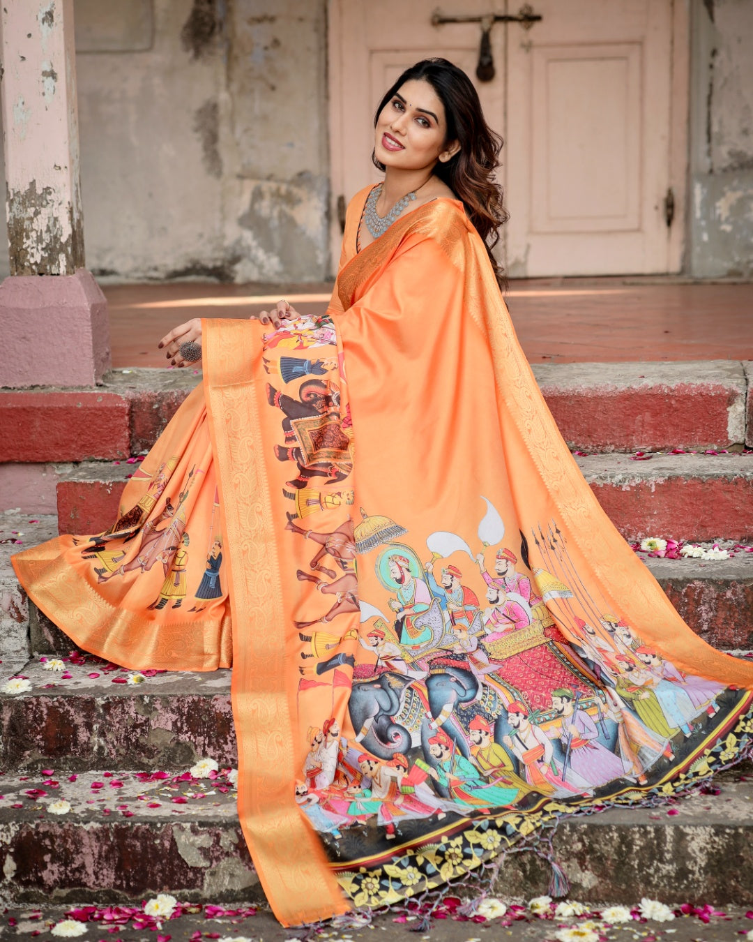 Vibrant Orange Tussar Silk Saree with Rajasthani Royal Procession Print, Zari Border & Tassels