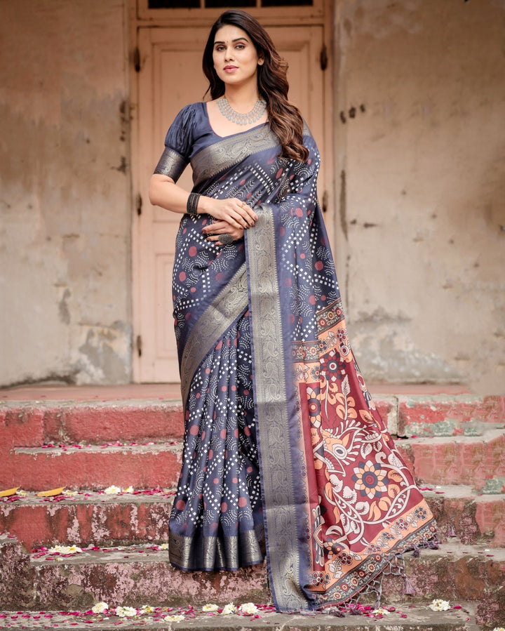 Charcoal Grey Tussar Silk Saree with Bandhani-Inspired Print, Zari Border, Kalamkari Pallu & Tassels
