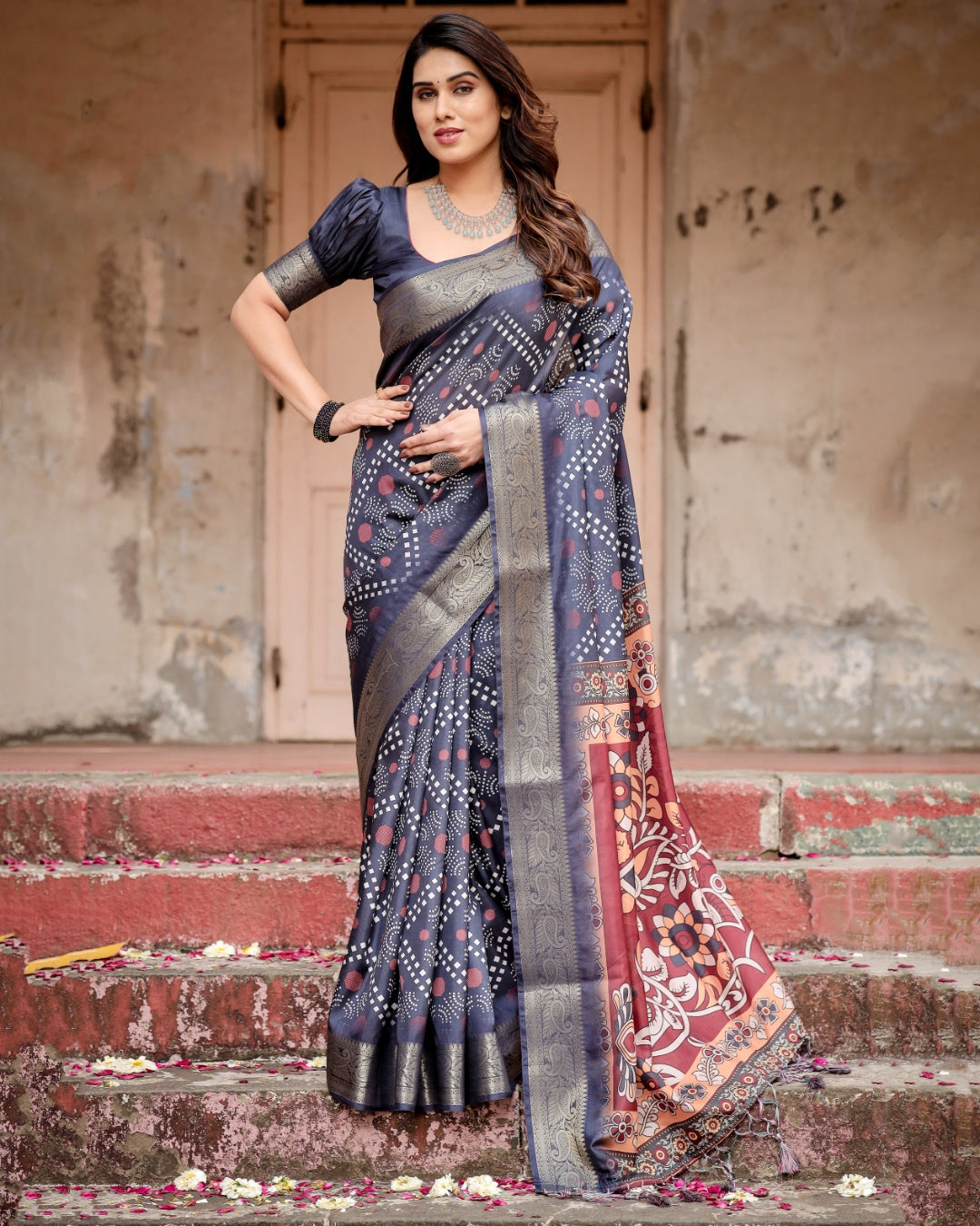 Charcoal Grey Tussar Silk Saree with Bandhani-Inspired Print, Zari Border, Kalamkari Pallu & Tassels
