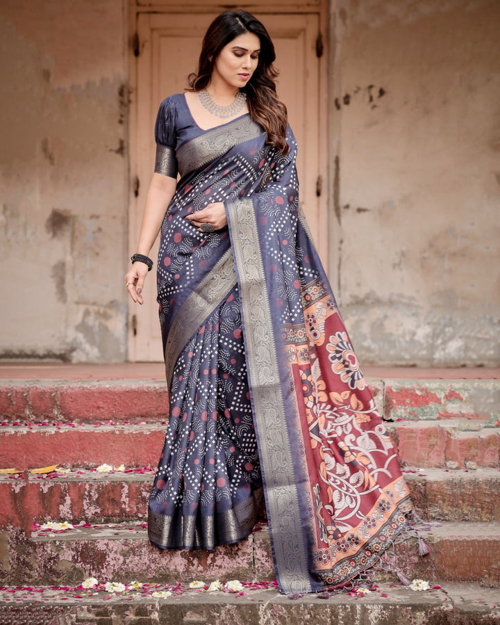 Charcoal Grey Tussar Silk Saree with Bandhani-Inspired Print, Zari Border, Kalamkari Pallu & Tassels