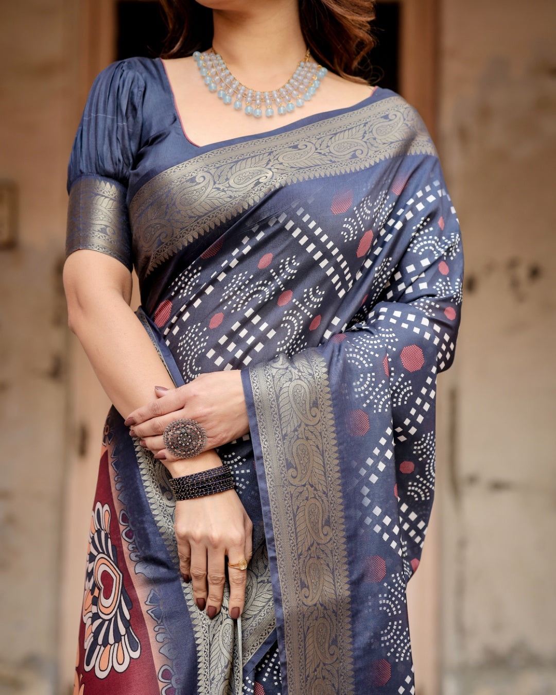 Charcoal Grey Tussar Silk Saree with Bandhani-Inspired Print, Zari Border, Kalamkari Pallu & Tassels