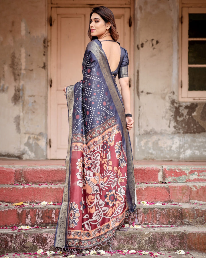 Charcoal Grey Tussar Silk Saree with Bandhani-Inspired Print, Zari Border, Kalamkari Pallu & Tassels