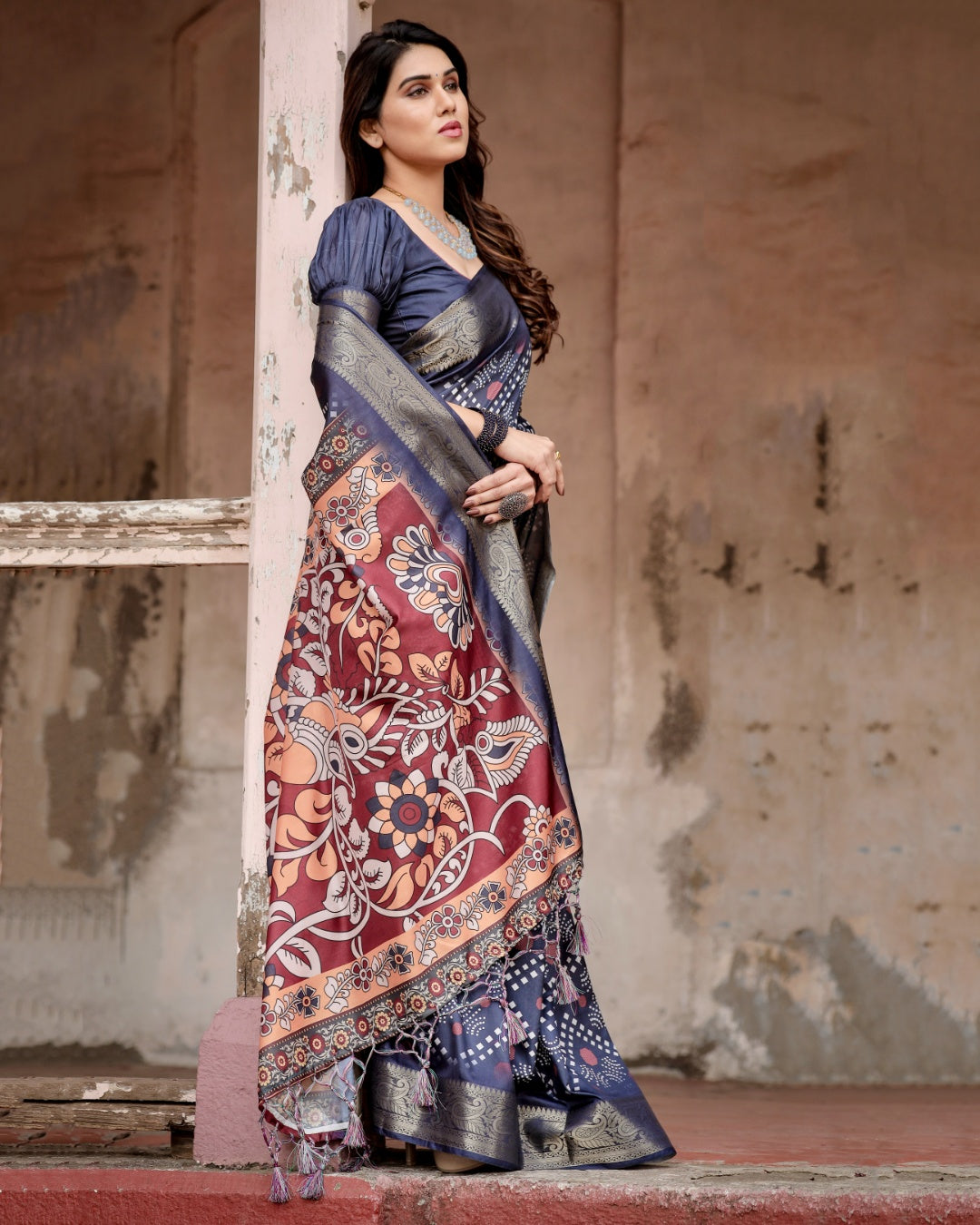 Charcoal Grey Tussar Silk Saree with Bandhani-Inspired Print, Zari Border, Kalamkari Pallu & Tassels
