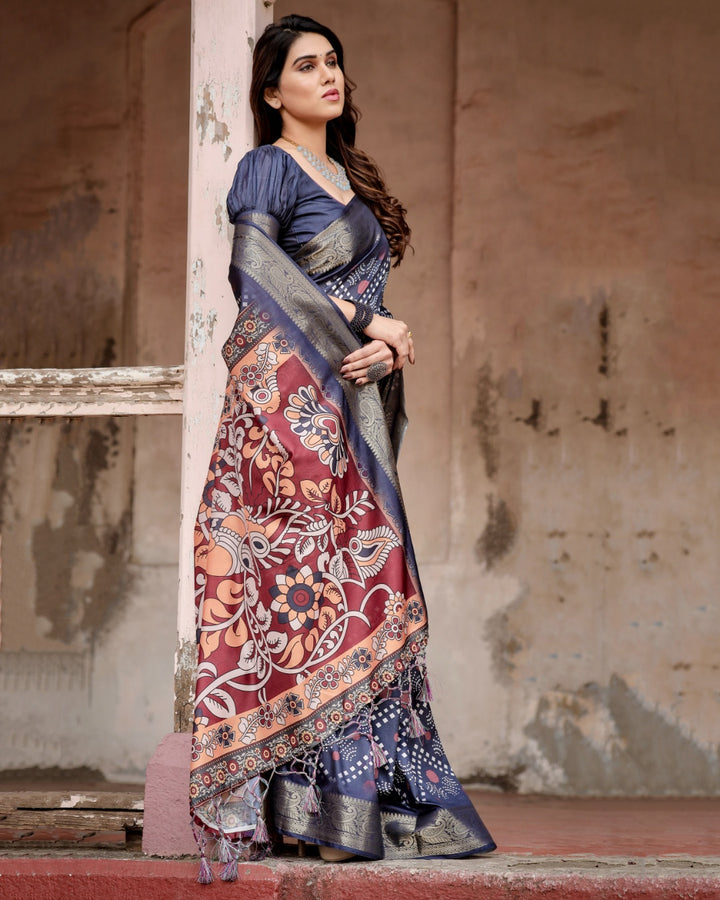 Charcoal Grey Tussar Silk Saree with Bandhani-Inspired Print, Zari Border, Kalamkari Pallu & Tassels