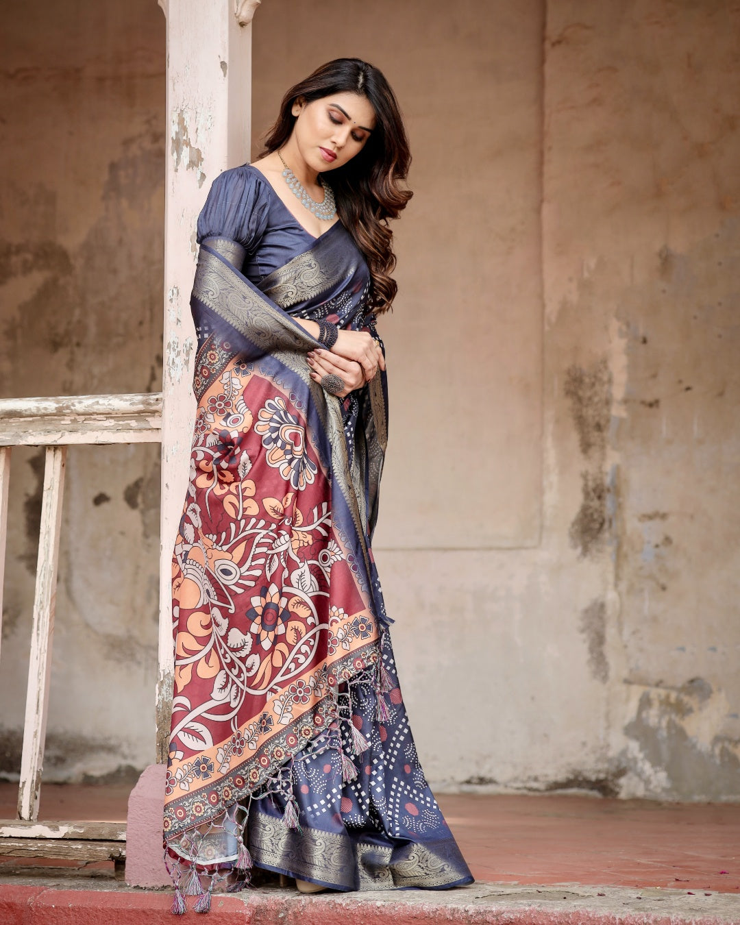 Charcoal Grey Tussar Silk Saree with Bandhani-Inspired Print, Zari Border, Kalamkari Pallu & Tassels