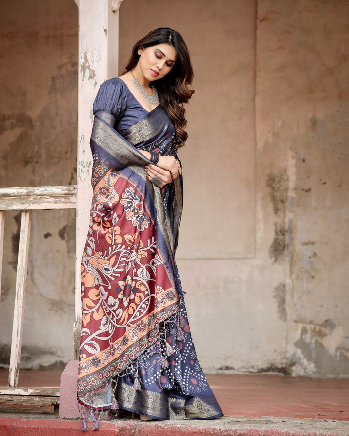 Charcoal Grey Tussar Silk Saree with Bandhani-Inspired Print, Zari Border, Kalamkari Pallu & Tassels