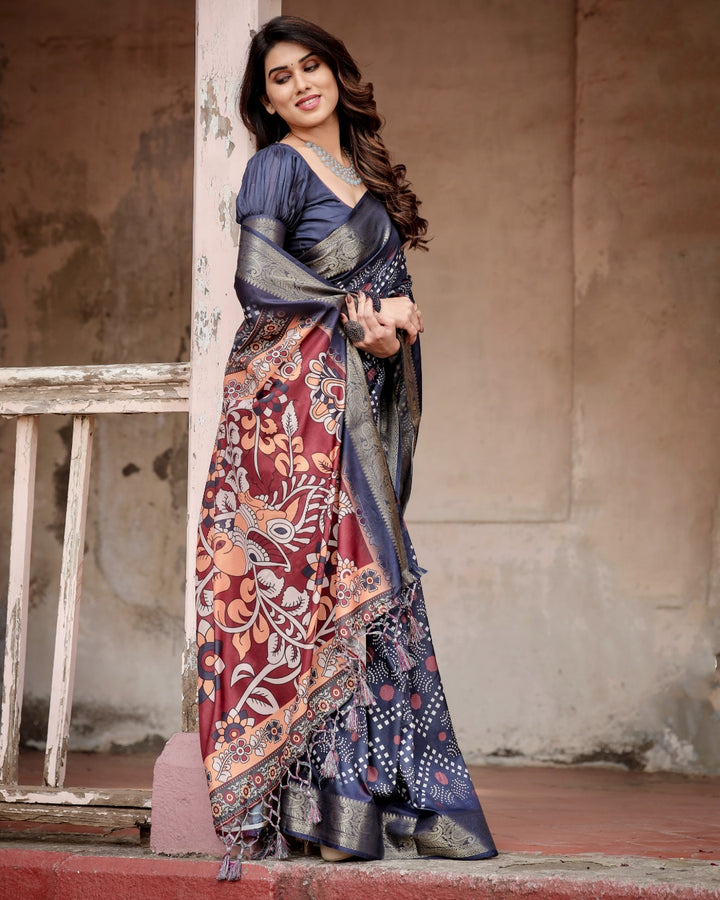 Charcoal Grey Tussar Silk Saree with Bandhani-Inspired Print, Zari Border, Kalamkari Pallu & Tassels