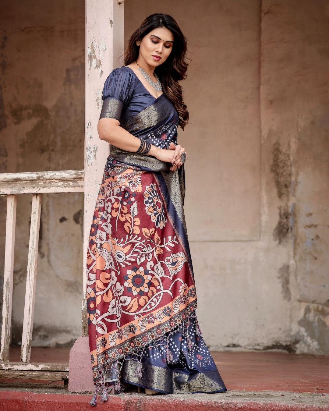 Charcoal Grey Tussar Silk Saree with Bandhani-Inspired Print, Zari Border, Kalamkari Pallu & Tassels