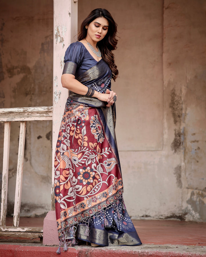 Charcoal Grey Tussar Silk Saree with Bandhani-Inspired Print, Zari Border, Kalamkari Pallu & Tassels