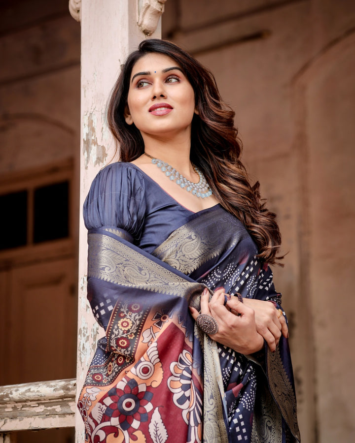Charcoal Grey Tussar Silk Saree with Bandhani-Inspired Print, Zari Border, Kalamkari Pallu & Tassels