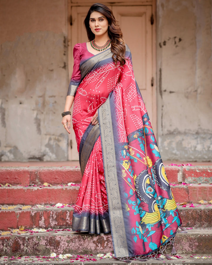 Rani Pink Tussar Silk Saree with Bandhani Print, Antique Zari Border, Peacock Pallu & Tassels