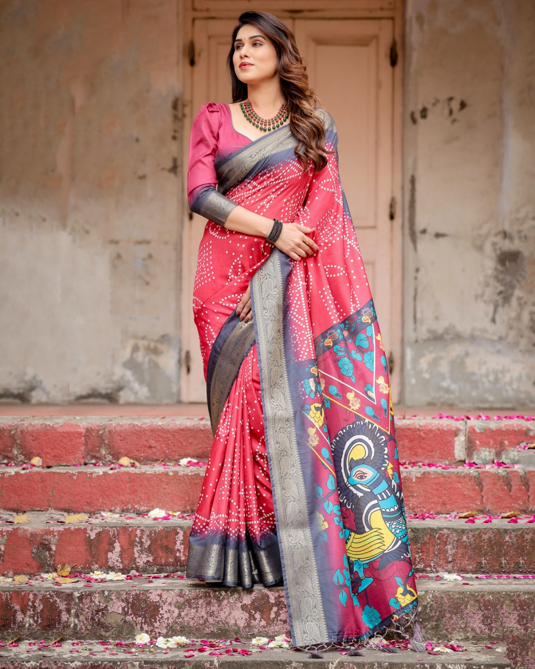 Rani Pink Tussar Silk Saree with Bandhani Print, Antique Zari Border, Peacock Pallu & Tassels