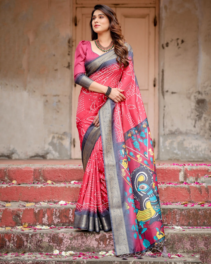 Rani Pink Tussar Silk Saree with Bandhani Print, Antique Zari Border, Peacock Pallu & Tassels