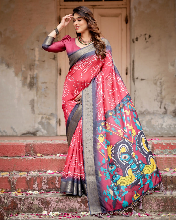 Rani Pink Tussar Silk Saree with Bandhani Print, Antique Zari Border, Peacock Pallu & Tassels