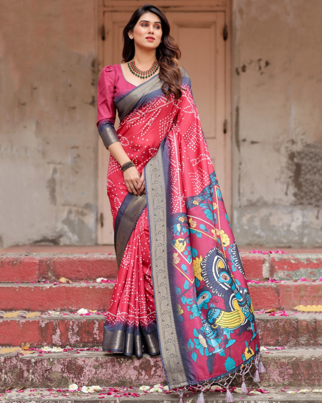 Rani Pink Tussar Silk Saree with Bandhani Print, Antique Zari Border, Peacock Pallu & Tassels
