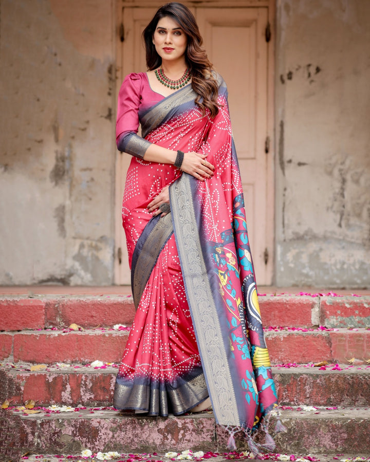 Rani Pink Tussar Silk Saree with Bandhani Print, Antique Zari Border, Peacock Pallu & Tassels