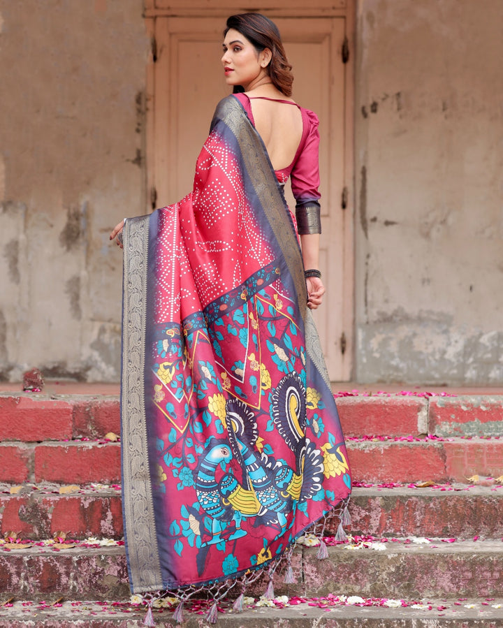 Rani Pink Tussar Silk Saree with Bandhani Print, Antique Zari Border, Peacock Pallu & Tassels