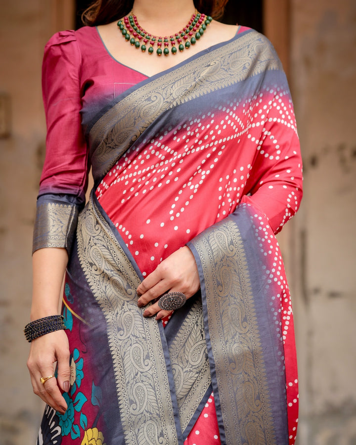Rani Pink Tussar Silk Saree with Bandhani Print, Antique Zari Border, Peacock Pallu & Tassels