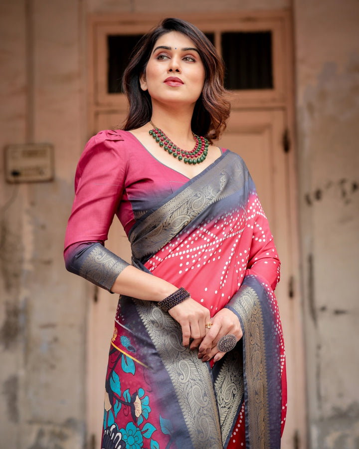 Rani Pink Tussar Silk Saree with Bandhani Print, Antique Zari Border, Peacock Pallu & Tassels