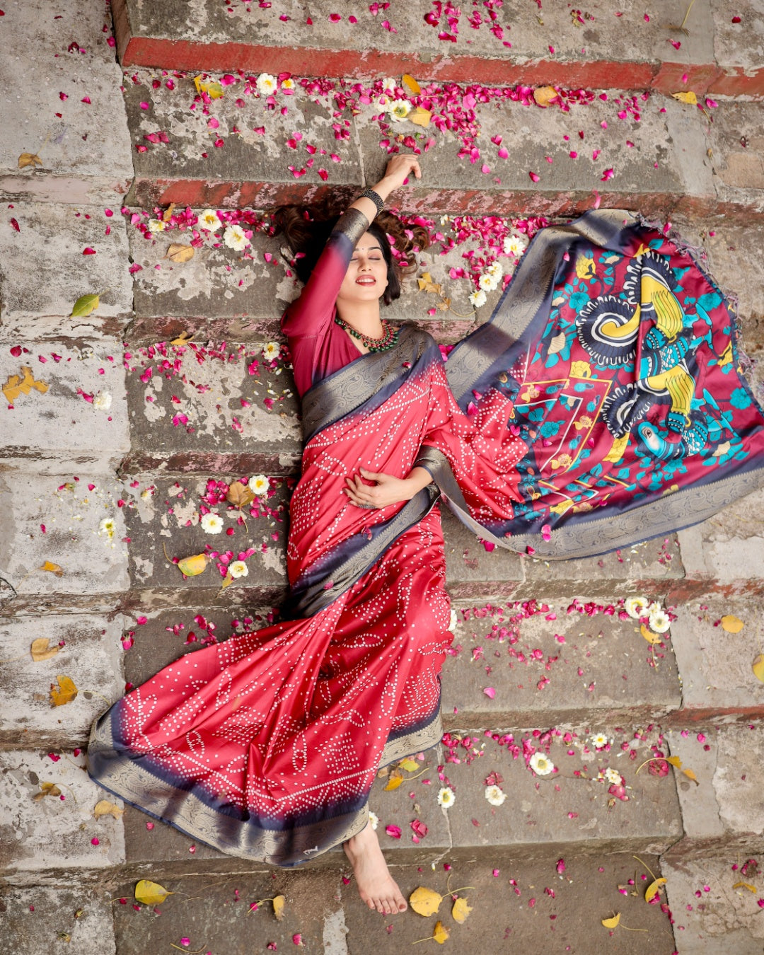 Rani Pink Tussar Silk Saree with Bandhani Print, Antique Zari Border, Peacock Pallu & Tassels