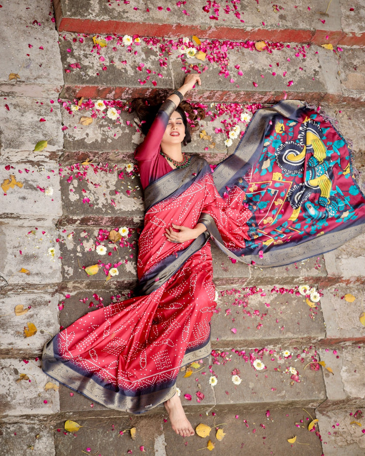 Rani Pink Tussar Silk Saree with Bandhani Print, Antique Zari Border, Peacock Pallu & Tassels