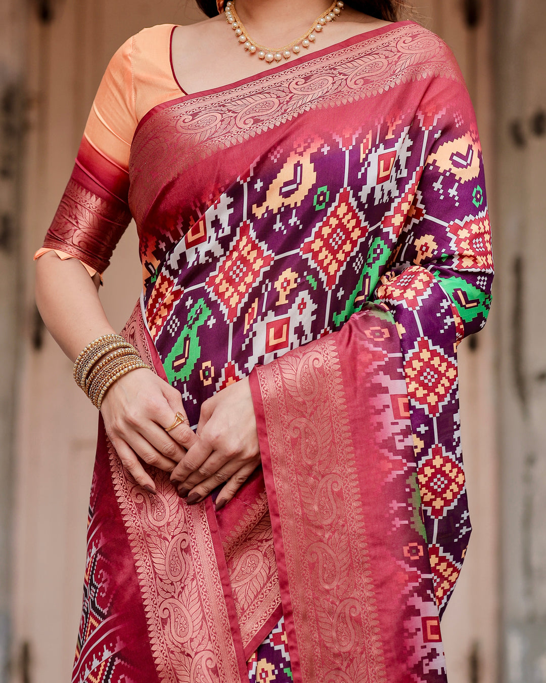 Wine Purple Tussar Silk Saree with Patola-Inspired Print, Rose Zari Border, Heritage Pallu & Tassels