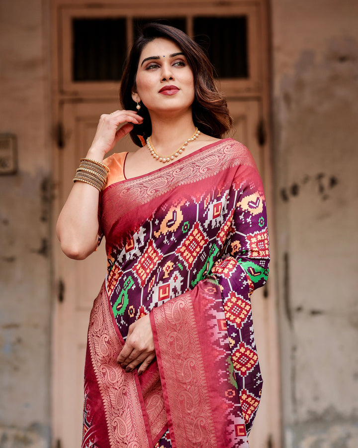 Wine Purple Tussar Silk Saree with Patola-Inspired Print, Rose Zari Border, Heritage Pallu & Tassels