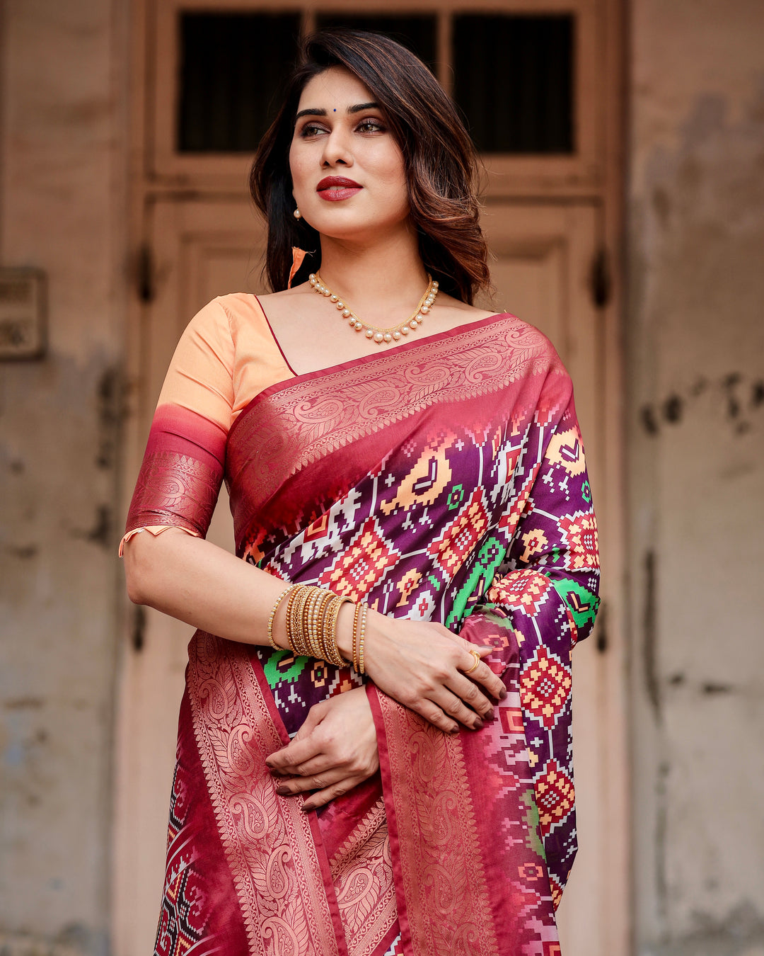 Wine Purple Tussar Silk Saree with Patola-Inspired Print, Rose Zari Border, Heritage Pallu & Tassels