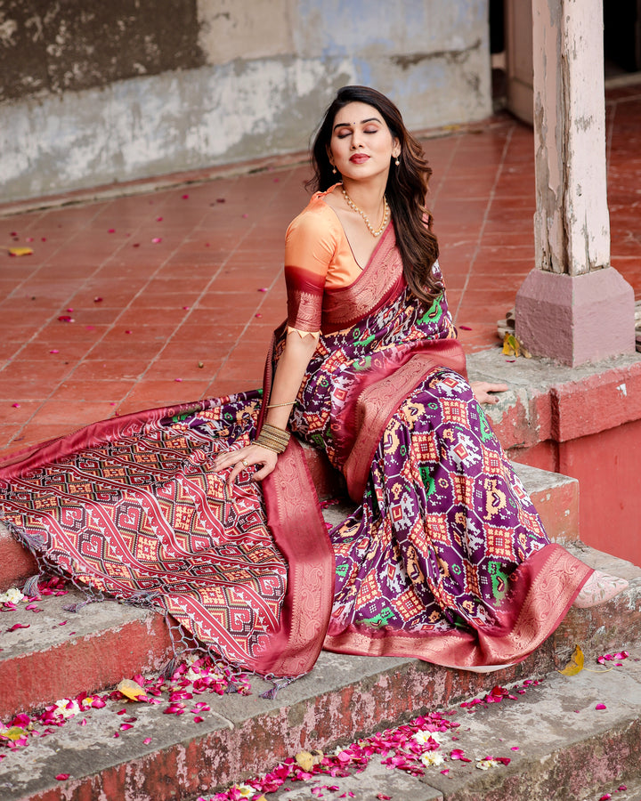 Wine Purple Tussar Silk Saree with Patola-Inspired Print, Rose Zari Border, Heritage Pallu & Tassels