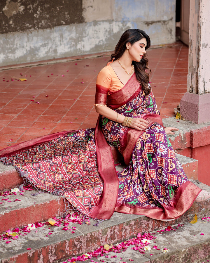 Wine Purple Tussar Silk Saree with Patola-Inspired Print, Rose Zari Border, Heritage Pallu & Tassels