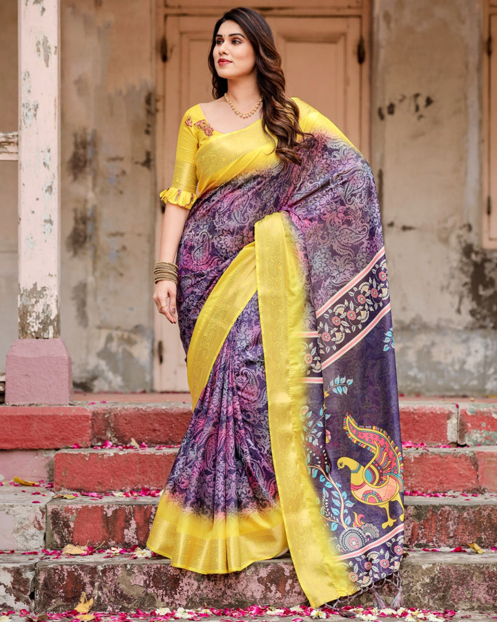 Purple & Lemon Yellow Tussar Silk Saree with Ornamental Floral Print, Peacock Pallu, Zari Border & Tassels