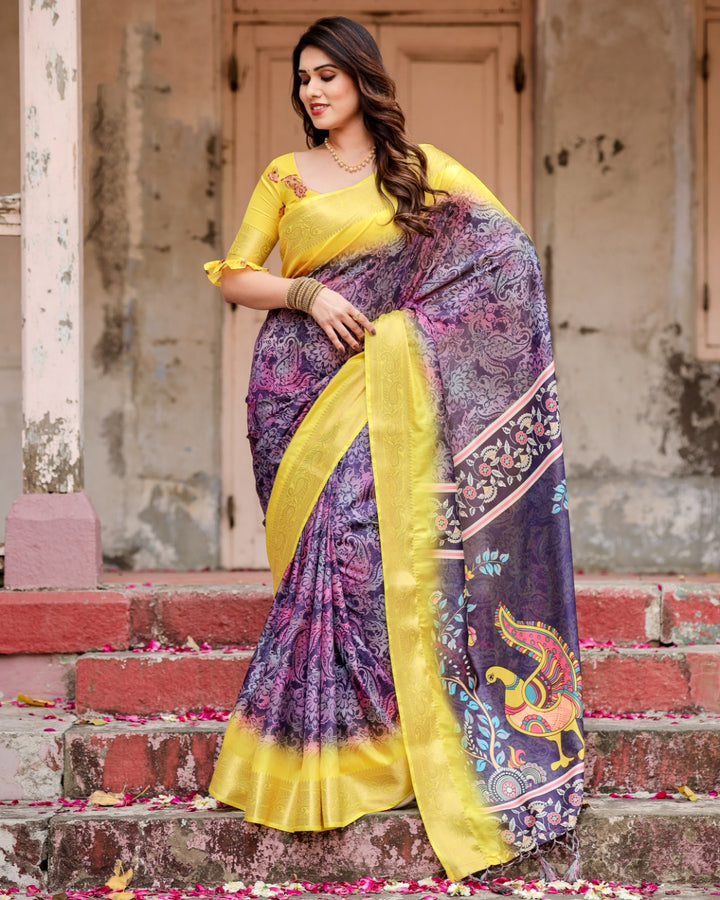 Purple & Lemon Yellow Tussar Silk Saree with Ornamental Floral Print, Peacock Pallu, Zari Border & Tassels
