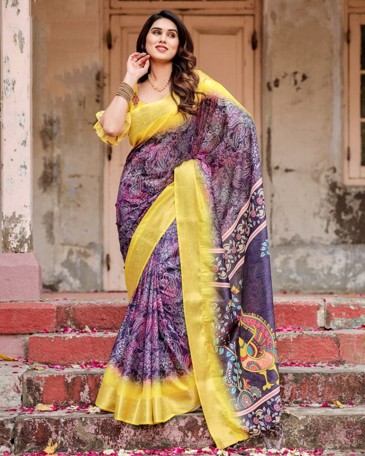 Purple & Lemon Yellow Tussar Silk Saree with Ornamental Floral Print, Peacock Pallu, Zari Border & Tassels
