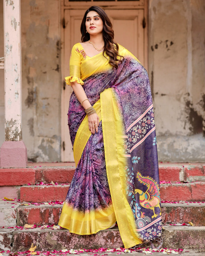 Purple & Lemon Yellow Tussar Silk Saree with Ornamental Floral Print, Peacock Pallu, Zari Border & Tassels