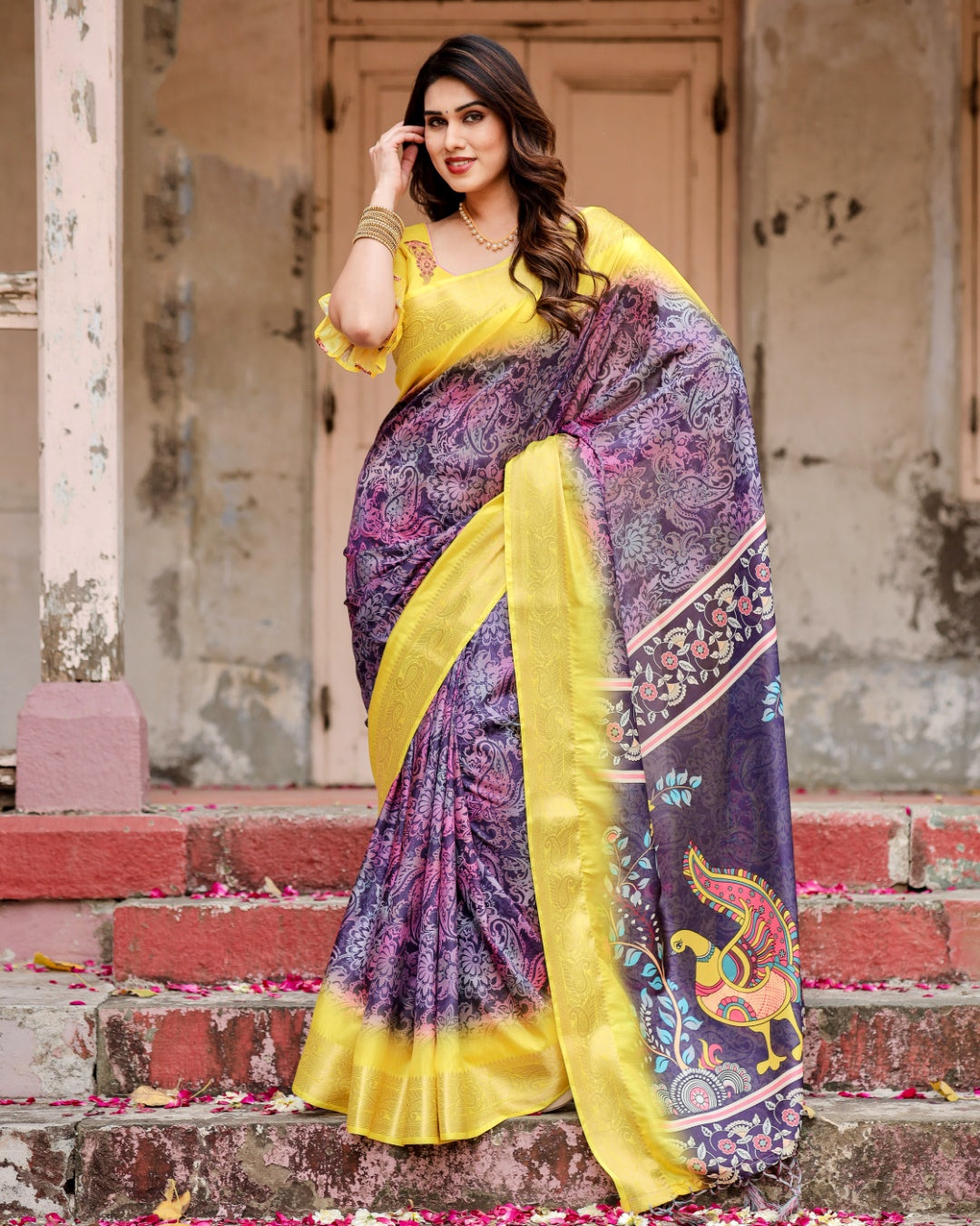 Purple & Lemon Yellow Tussar Silk Saree with Ornamental Floral Print, Peacock Pallu, Zari Border & Tassels