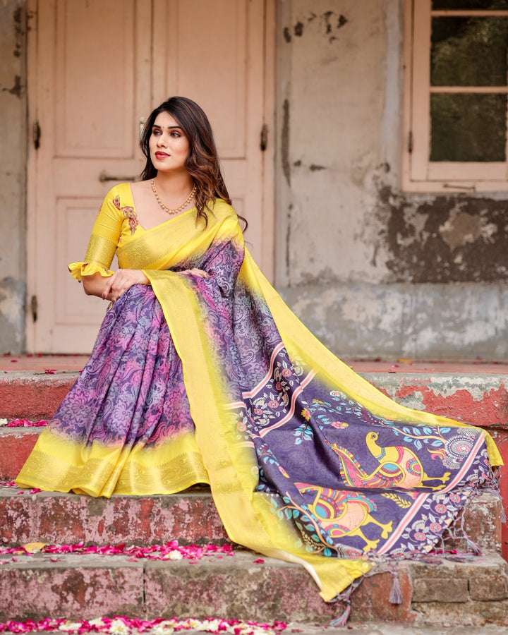 Purple & Lemon Yellow Tussar Silk Saree with Ornamental Floral Print, Peacock Pallu, Zari Border & Tassels