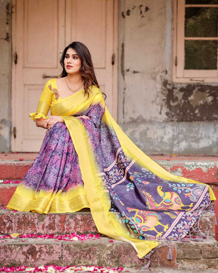 Purple & Lemon Yellow Tussar Silk Saree with Ornamental Floral Print, Peacock Pallu, Zari Border & Tassels