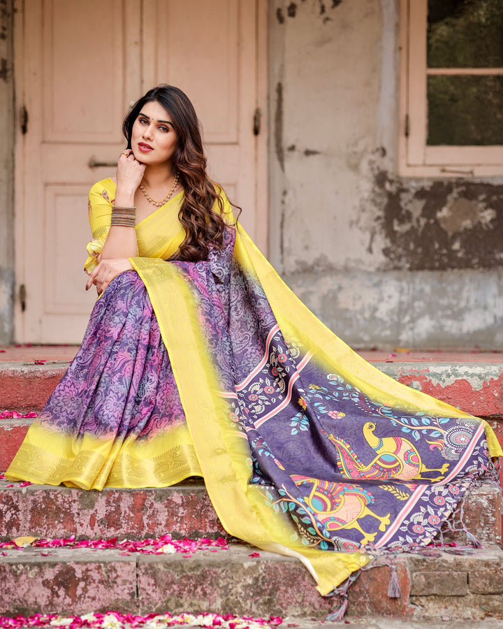 Purple & Lemon Yellow Tussar Silk Saree with Ornamental Floral Print, Peacock Pallu, Zari Border & Tassels