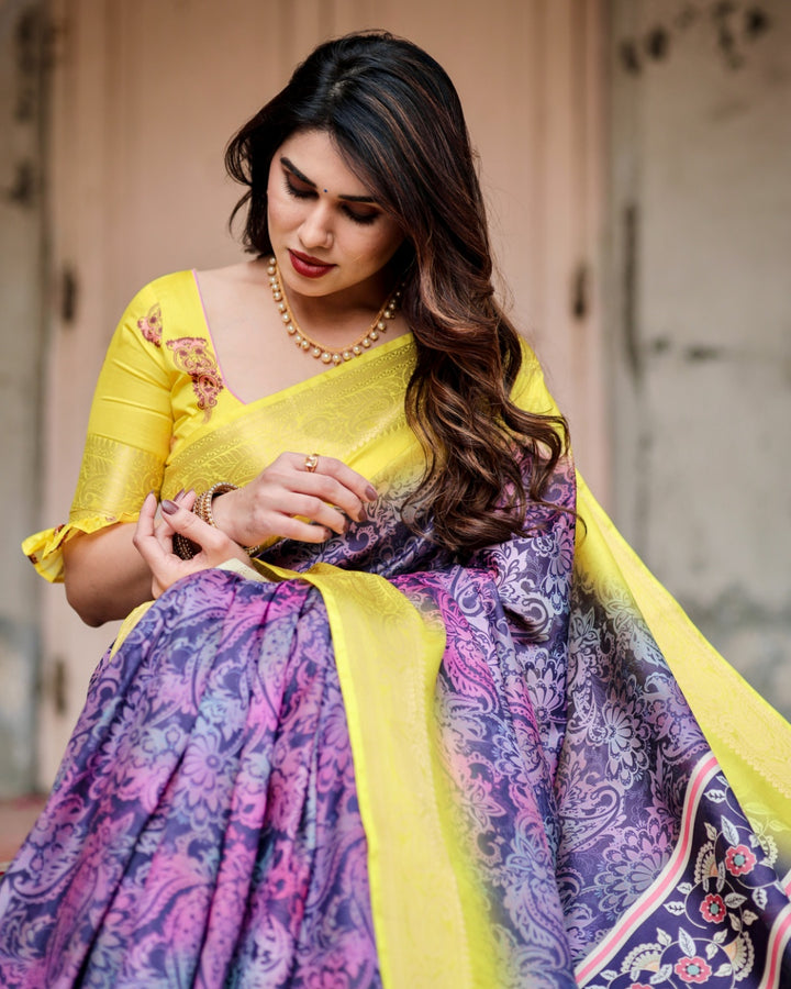 Purple & Lemon Yellow Tussar Silk Saree with Ornamental Floral Print, Peacock Pallu, Zari Border & Tassels