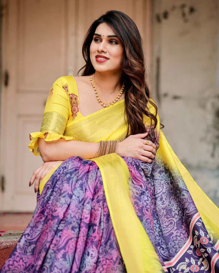 Purple & Lemon Yellow Tussar Silk Saree with Ornamental Floral Print, Peacock Pallu, Zari Border & Tassels