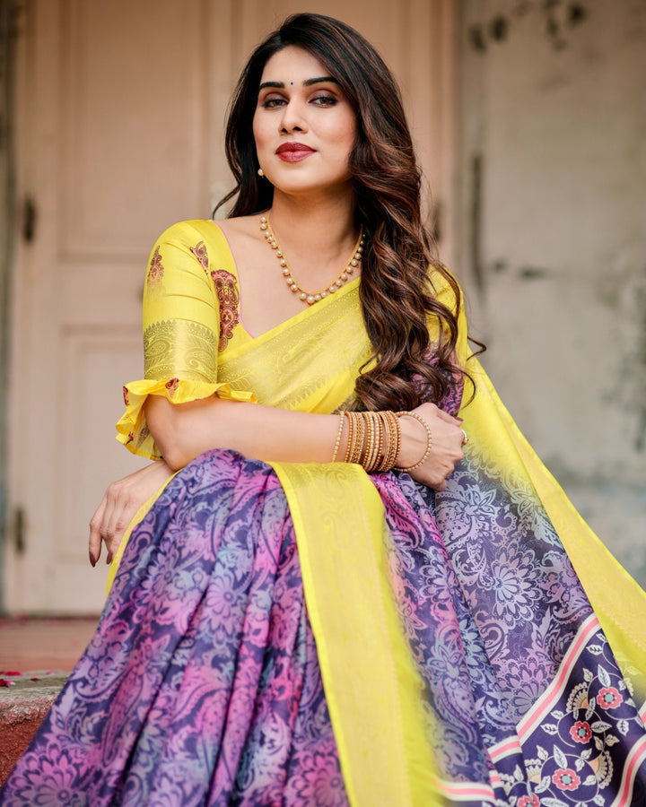 Purple & Lemon Yellow Tussar Silk Saree with Ornamental Floral Print, Peacock Pallu, Zari Border & Tassels